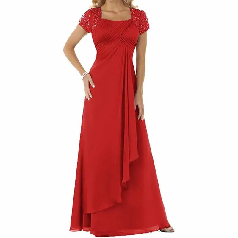 Evening Dress Chiffon Long Mother of the Bride Dress Short Sleeve Folding Wedding Guest Dress