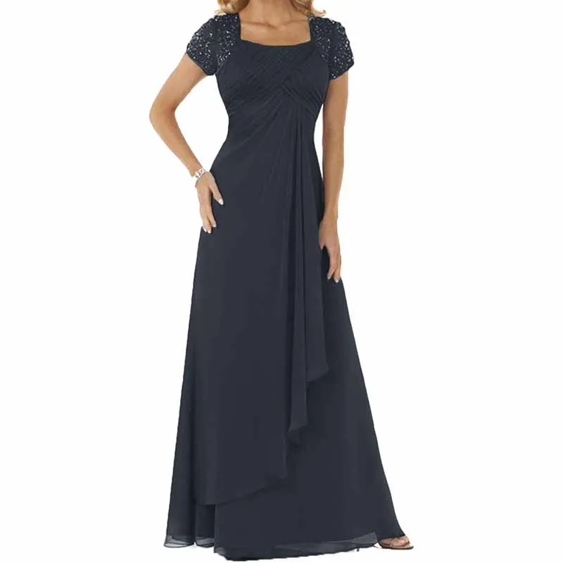 Evening Dress Chiffon Long Mother of the Bride Dress Short Sleeve Folding Wedding Guest Dress