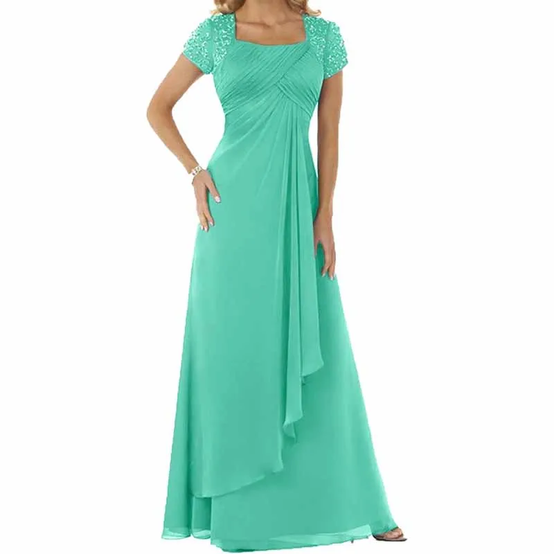 Evening Dress Chiffon Long Mother of the Bride Dress Short Sleeve Folding Wedding Guest Dress