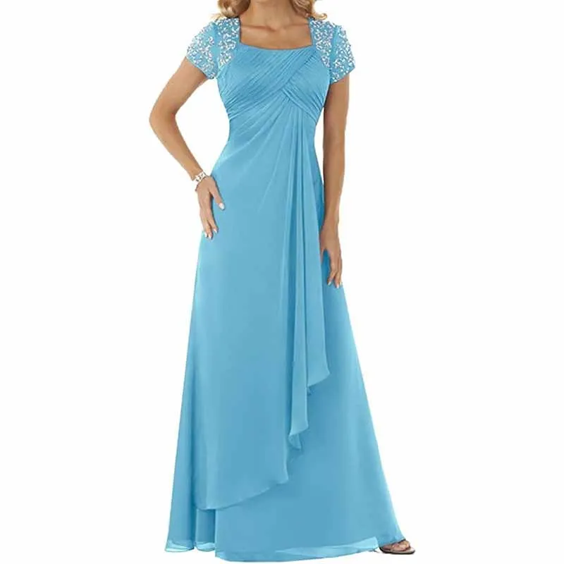 Evening Dress Chiffon Long Mother of the Bride Dress Short Sleeve Folding Wedding Guest Dress