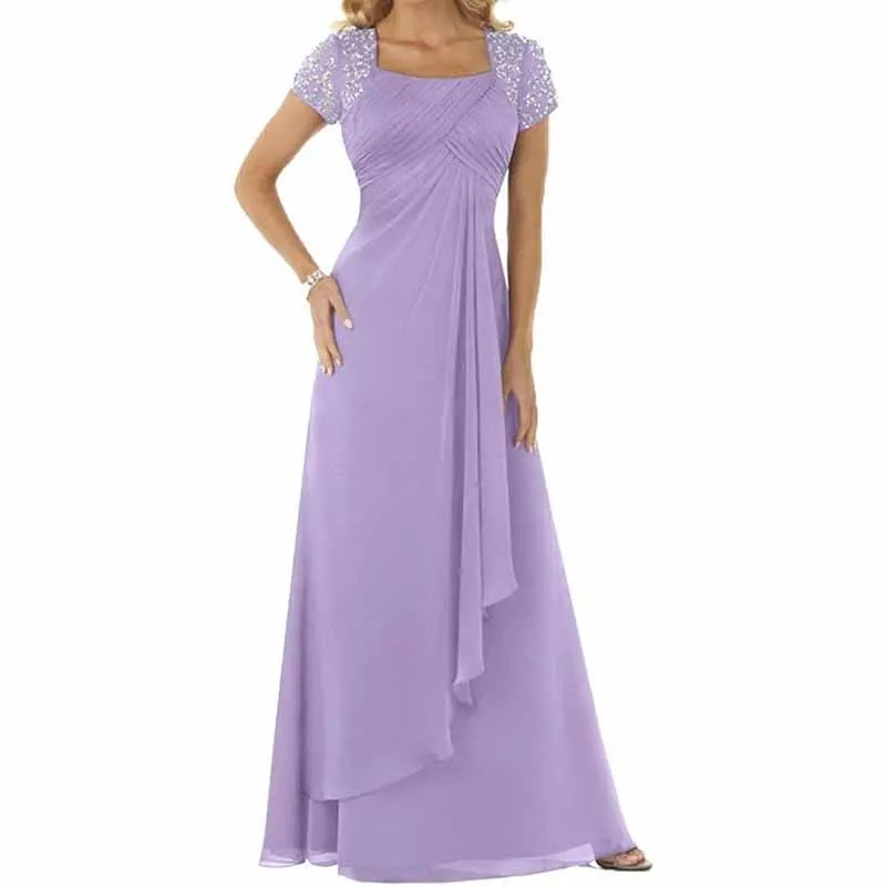 Evening Dress Chiffon Long Mother of the Bride Dress Short Sleeve Folding Wedding Guest Dress