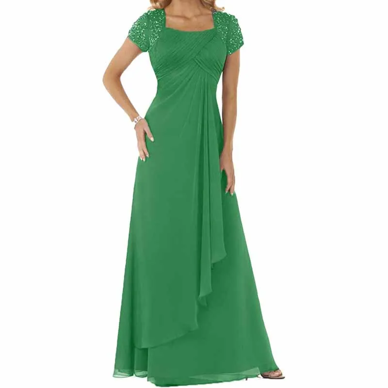 Evening Dress Chiffon Long Mother of the Bride Dress Short Sleeve Folding Wedding Guest Dress