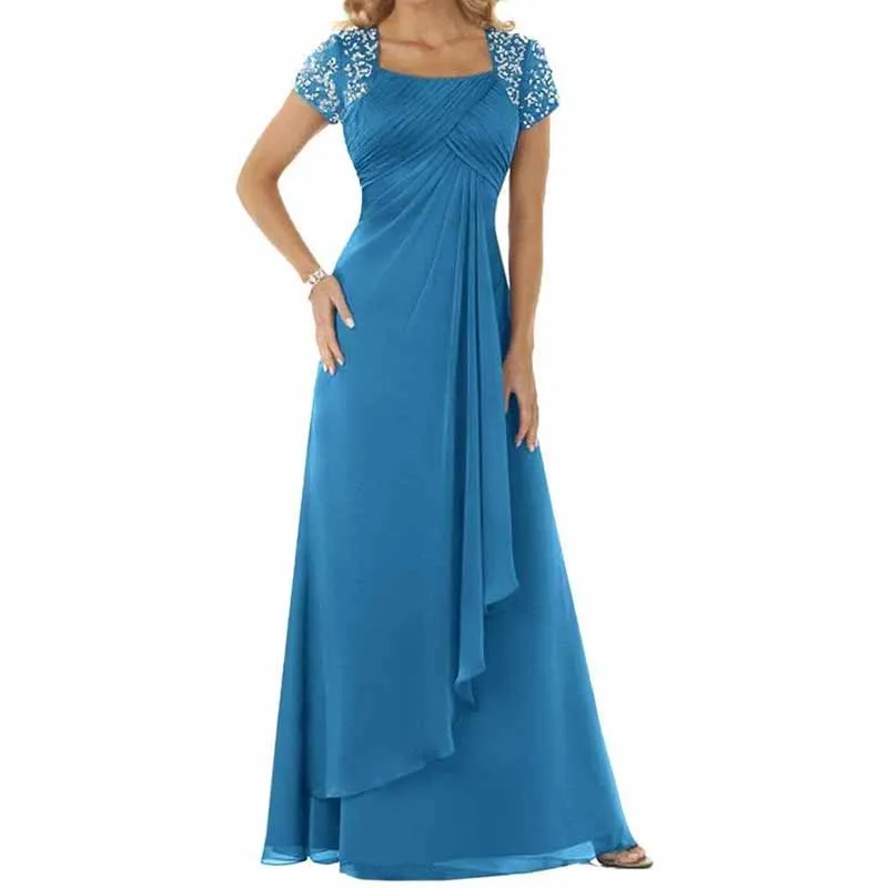 Evening Dress Chiffon Long Mother of the Bride Dress Short Sleeve Folding Wedding Guest Dress