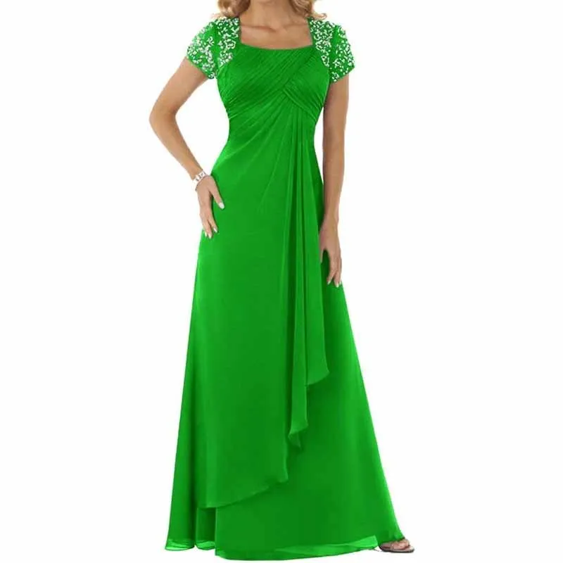 Evening Dress Chiffon Long Mother of the Bride Dress Short Sleeve Folding Wedding Guest Dress