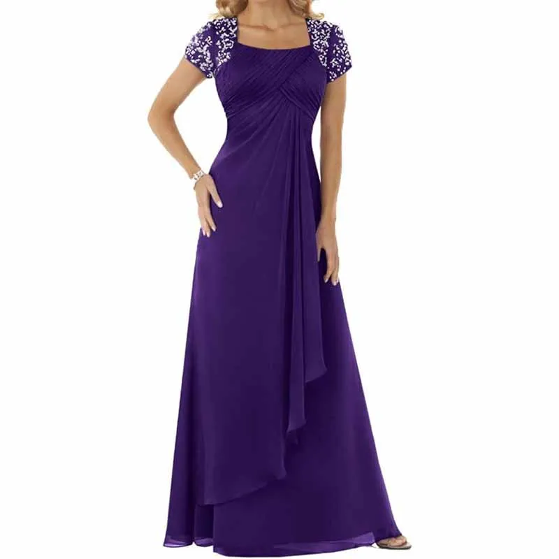 Evening Dress Chiffon Long Mother of the Bride Dress Short Sleeve Folding Wedding Guest Dress