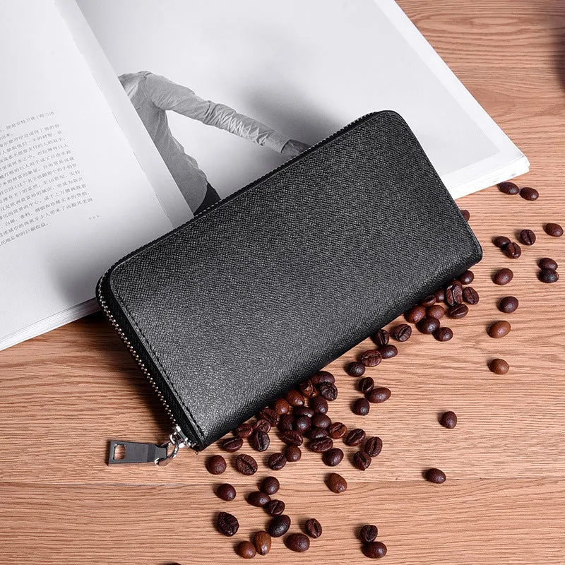 Factory Wholesale Men's Wallet Two-Layer Leather Mid-Length Zipper Handbag Mobile Phone Cross Pattern Fashion One Piece Dropshipping Big Brand