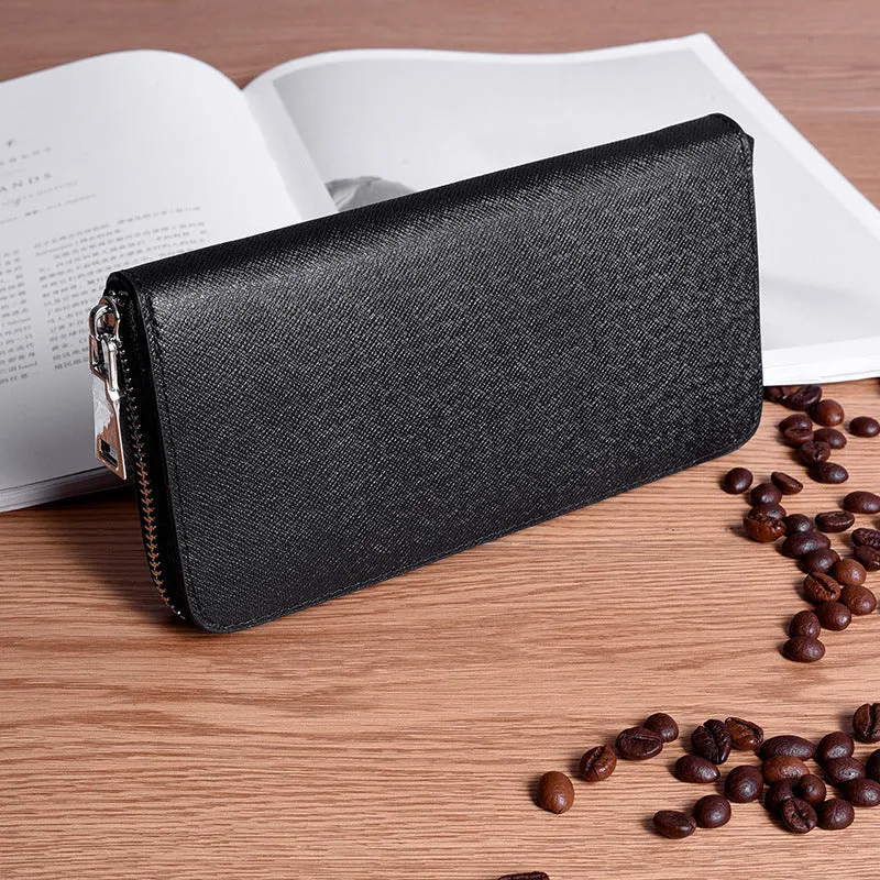 Factory Wholesale Men's Wallet Two-Layer Leather Mid-Length Zipper Handbag Mobile Phone Cross Pattern Fashion One Piece Dropshipping Big Brand