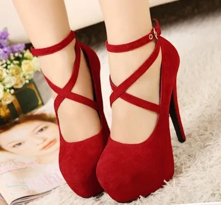 Faux Suede Strappy Platform Pumps High Heels Club Shoes 1444