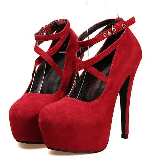 Faux Suede Strappy Platform Pumps High Heels Club Shoes 1444