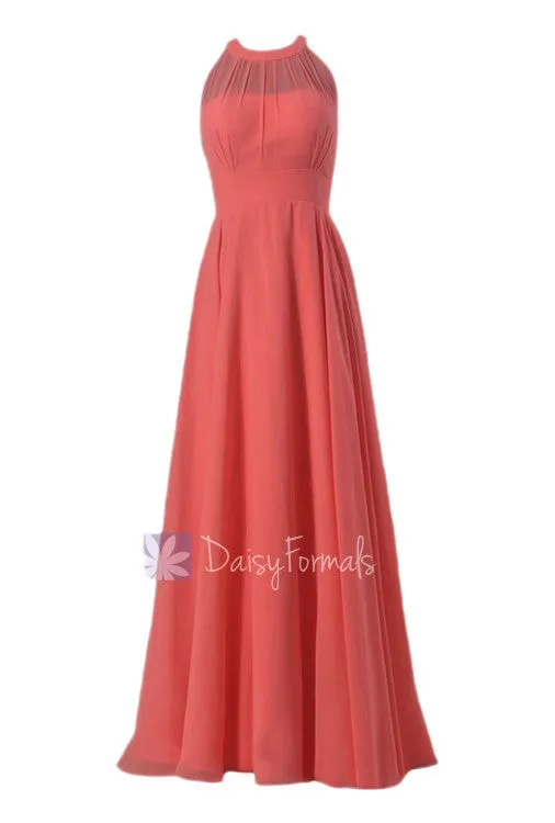 Floor Length Chiffon Bridesmaid Dress Coral Formal Dress W/Illusion Neckline(CST2225L)