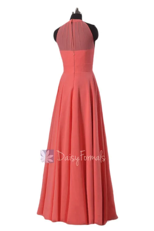 Floor Length Chiffon Bridesmaid Dress Coral Formal Dress W/Illusion Neckline(CST2225L)