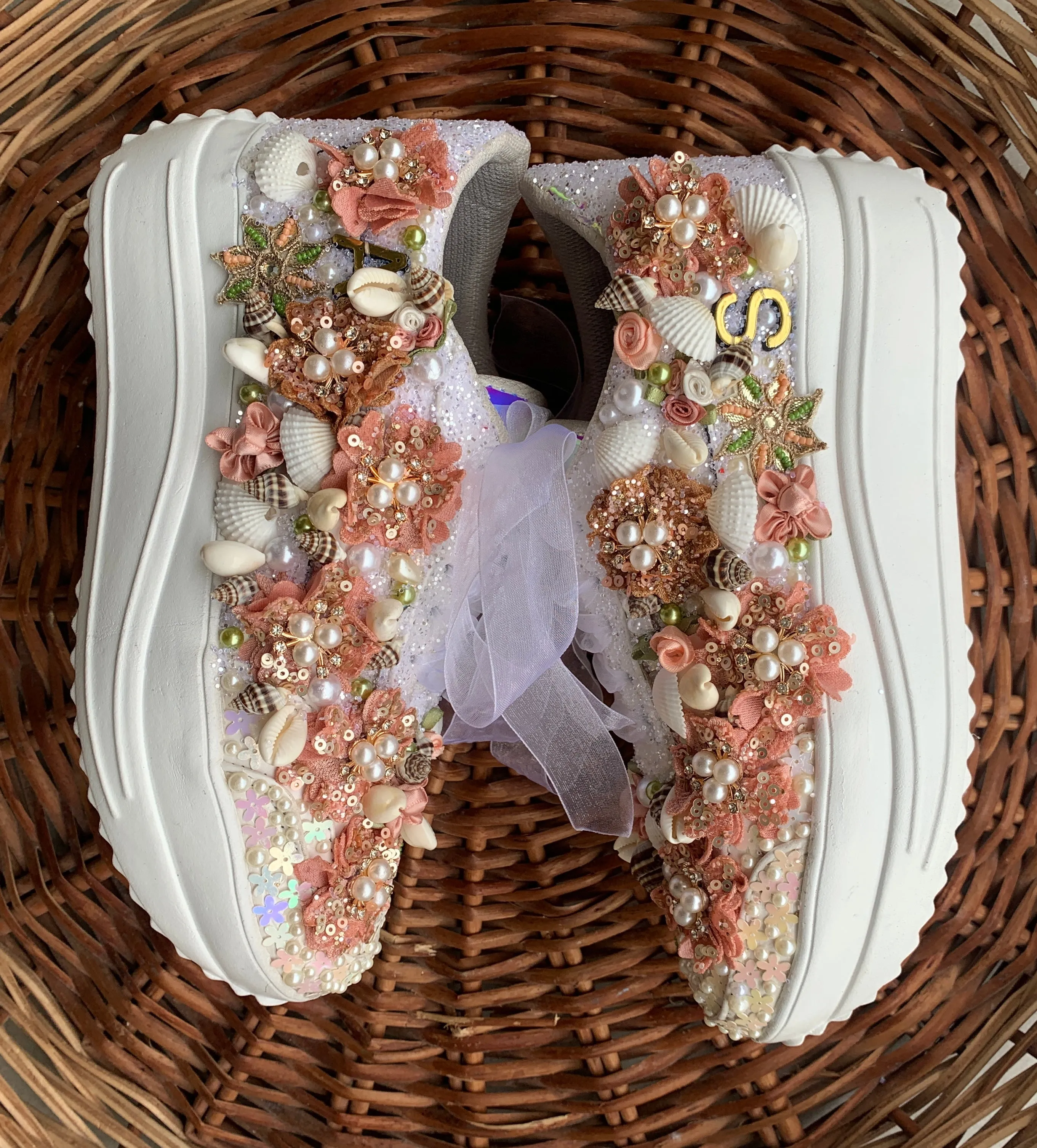 FUNKY N TRENDY tan peach floral theme sneakers with shells pearls detailing for brides / bridesmaids with custom couple name initials/ rose gold sneakers