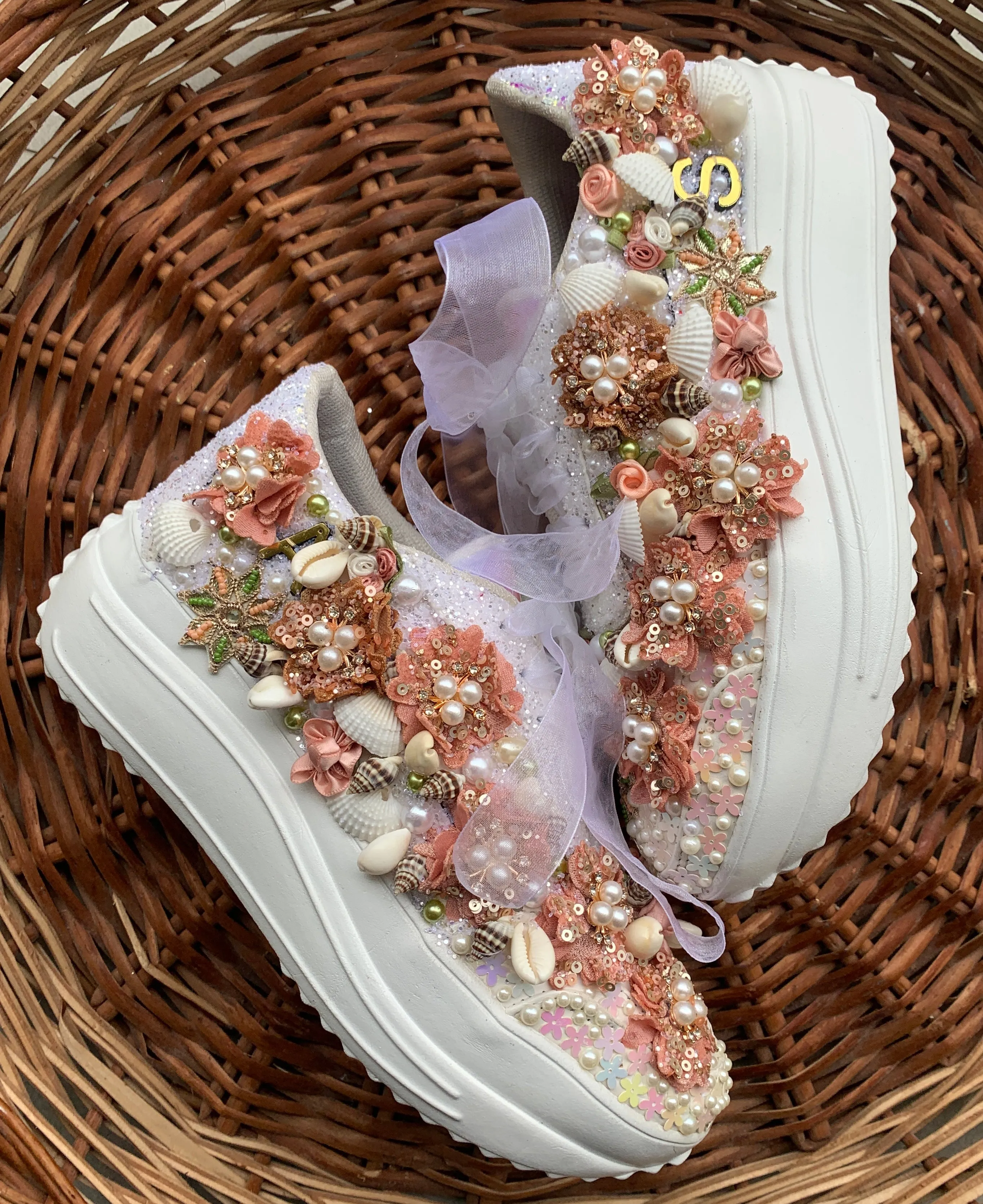 FUNKY N TRENDY tan peach floral theme sneakers with shells pearls detailing for brides / bridesmaids with custom couple name initials/ rose gold sneakers