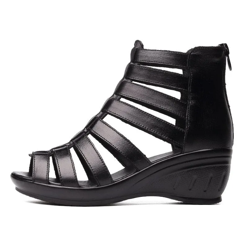 Genuine Leather Classic Black Peep Toe Gladiator Women High Heels