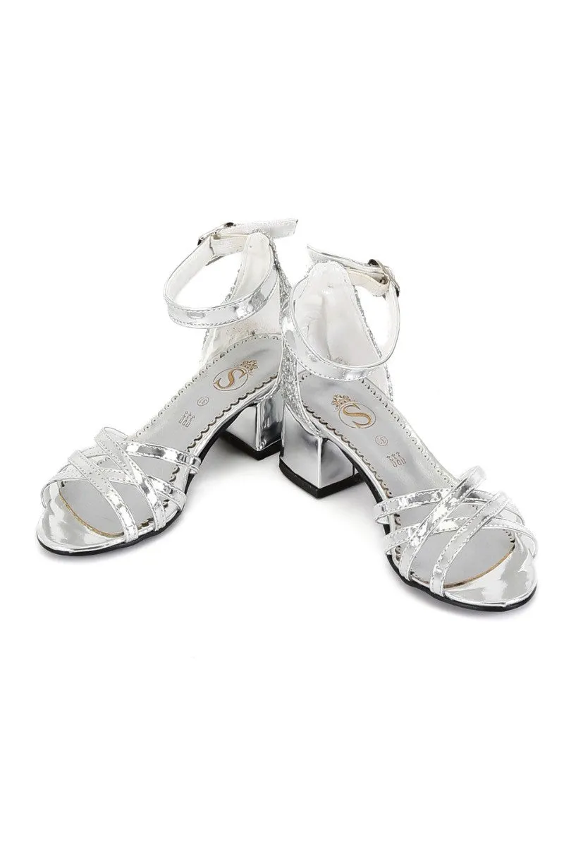 Girls Criss Cross Strappy Sandals Block Heel Dress Shoes - Silver