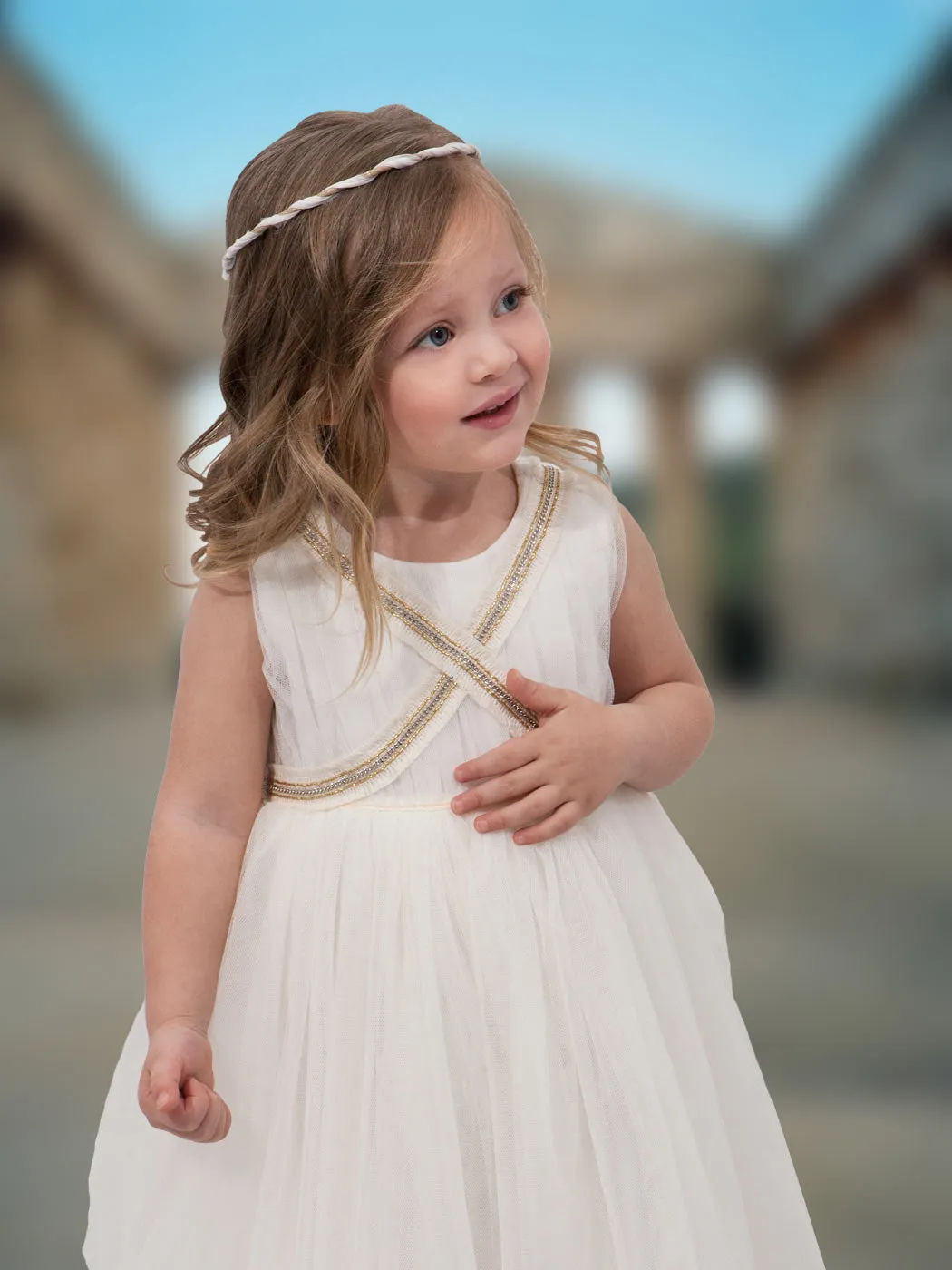 Girls' tulle dress with gold details-ANTHEMIS