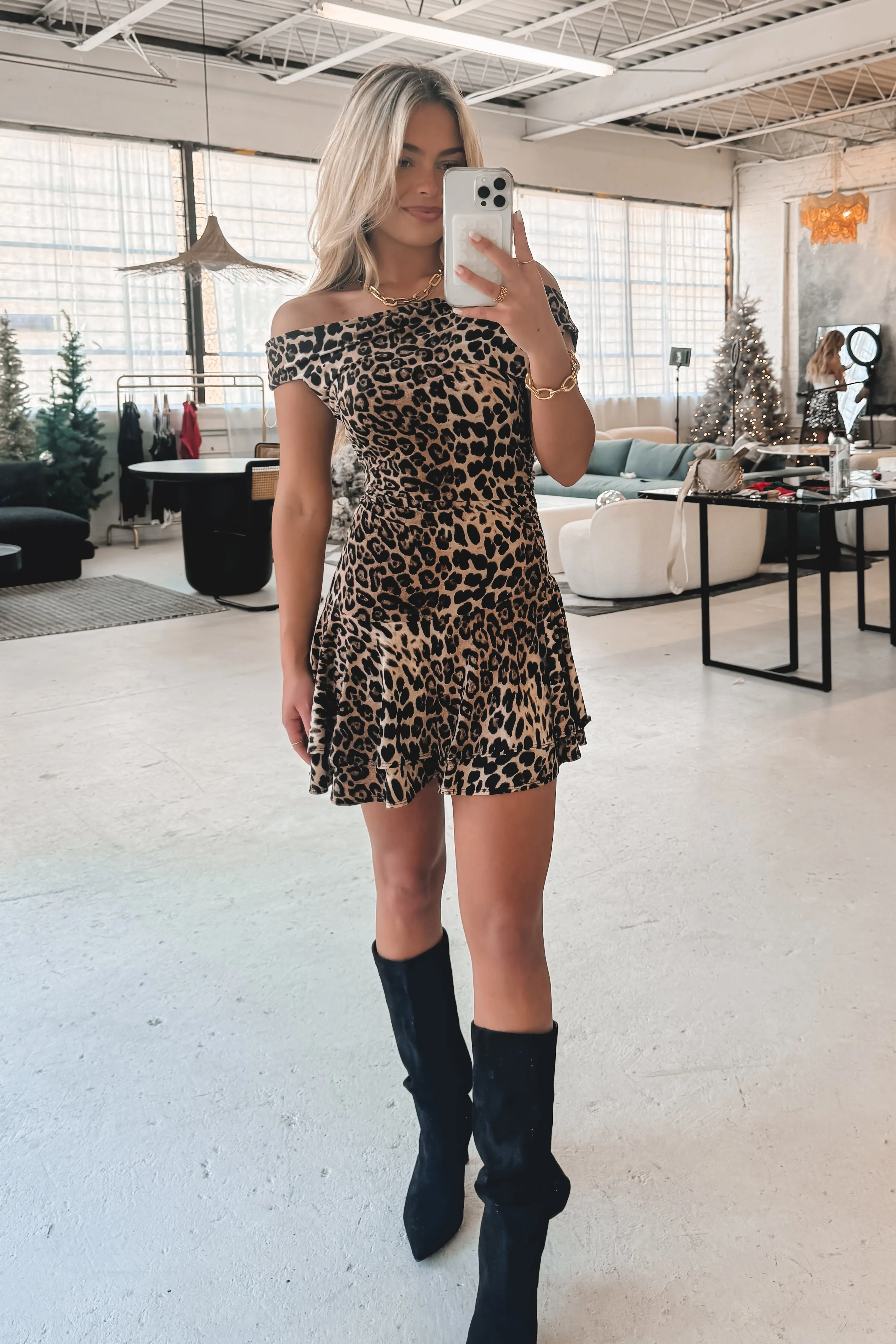 Go Off Queen Off The Shoulder Leopard Mini Dress