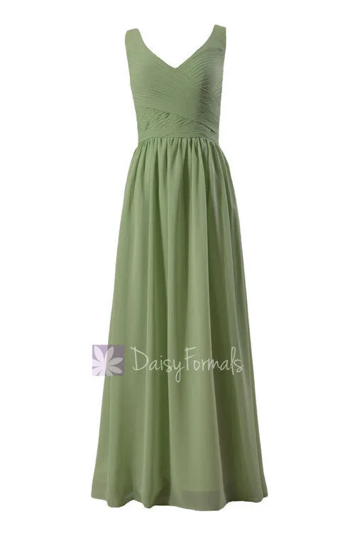 Graceful V-Neck Chiffon Bridesmaid Dress Long Green Bridal Pary Dress(BM5196L)