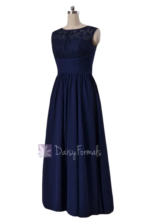 Gracious Long Chiffon Evening Dress Navy Formal Dress W/Lace Illusion Neckline(BM2529L)