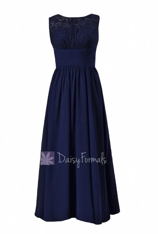 Gracious Long Chiffon Evening Dress Navy Formal Dress W/Lace Illusion Neckline(BM2529L)