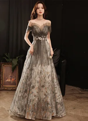 Grey A-line Floral Tulle Off Shoulder Long Party Dress, Grey Floor Length Prom Dress