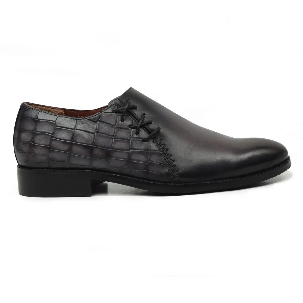 Grey Cross Stitched Side Lacing with Quarter Deep Cut Croco Leather Formal Shoes by Brune & Bareskin