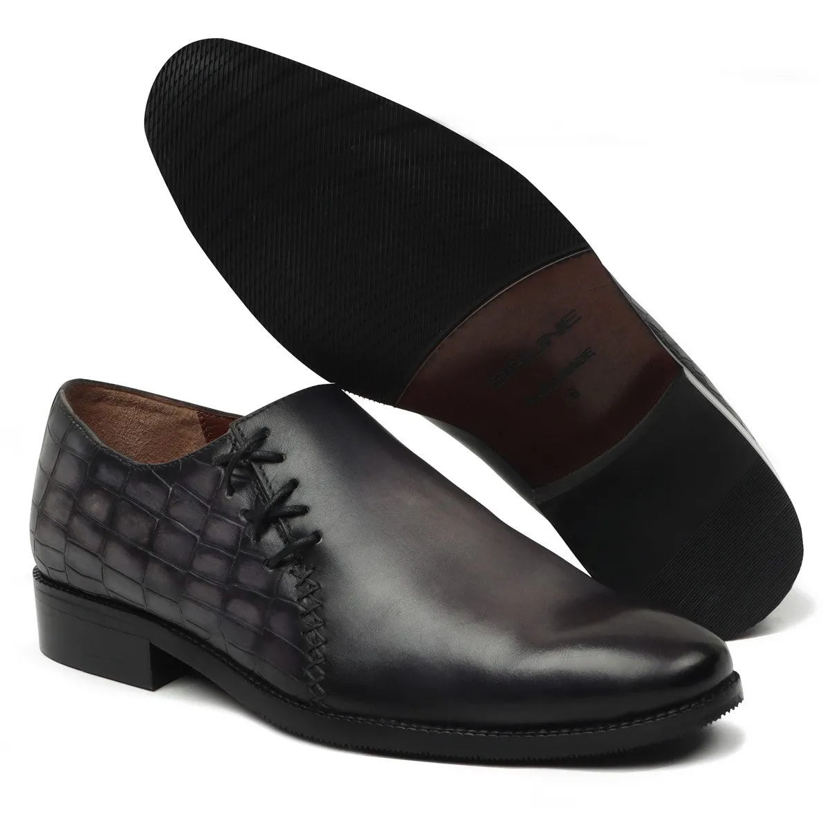 Grey Cross Stitched Side Lacing with Quarter Deep Cut Croco Leather Formal Shoes by Brune & Bareskin