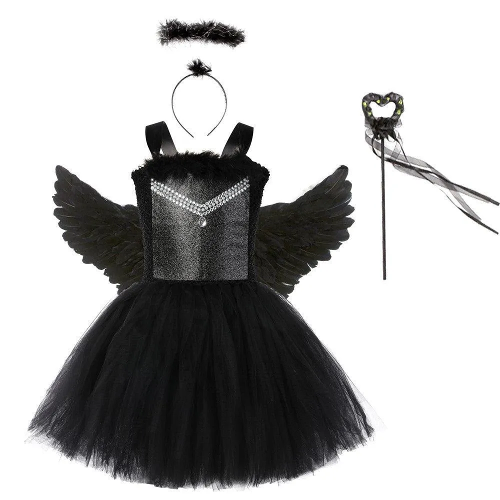 Halloween Black Angel Cosplay Costume Girls fashion suspender princess dress carnival birthday party stage performance evening dress