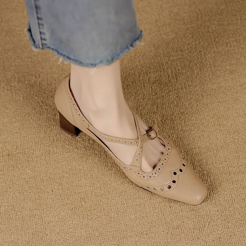 Handmade Cross Strap Leather Brogued Mary Jane Pumps in Apricot/Khaki