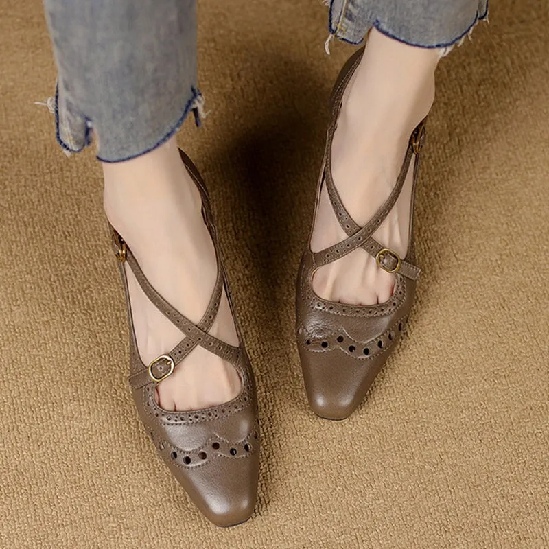 Handmade Cross Strap Leather Brogued Mary Jane Pumps in Apricot/Khaki