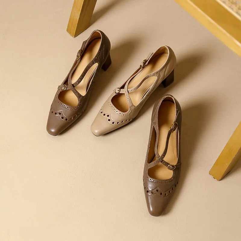 Handmade Cross Strap Leather Brogued Mary Jane Pumps in Apricot/Khaki