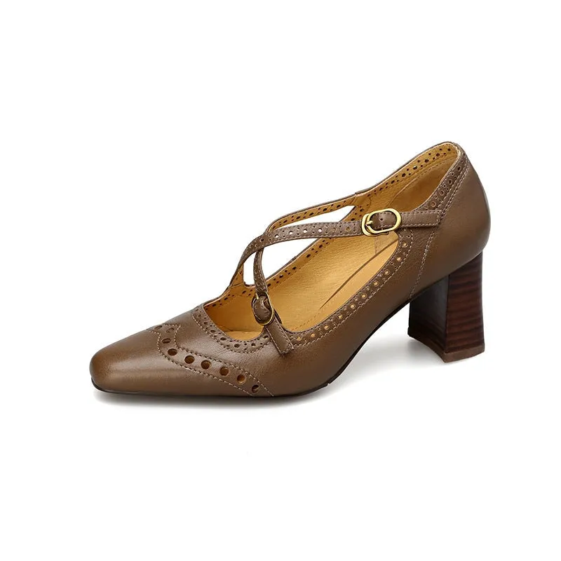 Handmade Cross Strap Leather Brogued Mary Jane Pumps in Apricot/Khaki