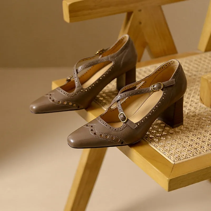 Handmade Cross Strap Leather Brogued Mary Jane Pumps in Apricot/Khaki