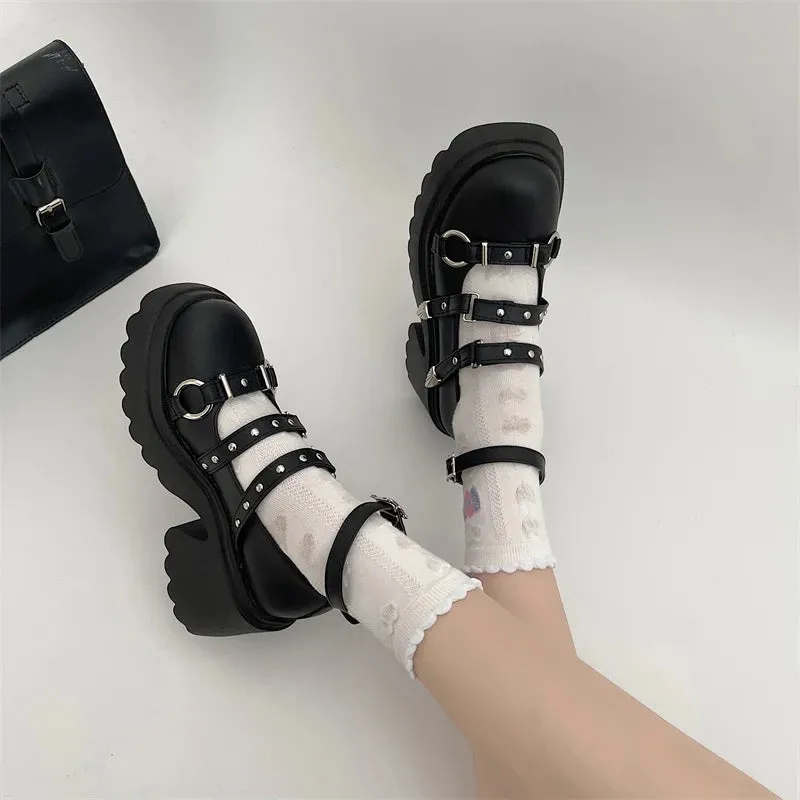 Hnzxzm Fashion Rivet Gothic Punk Shoes for Women Cross Strap Platform Mary Janes Woman Metal Decoration Thick Heels Lolita Shoes