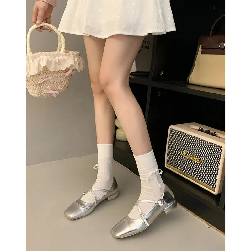 Hnzxzm Medium Heeled Mary Jane Single Shoes 2024 New Women Shoes Retro Thick Heeled Ballet Shoes Cross Buckle Shallow Soft Sole Shoes