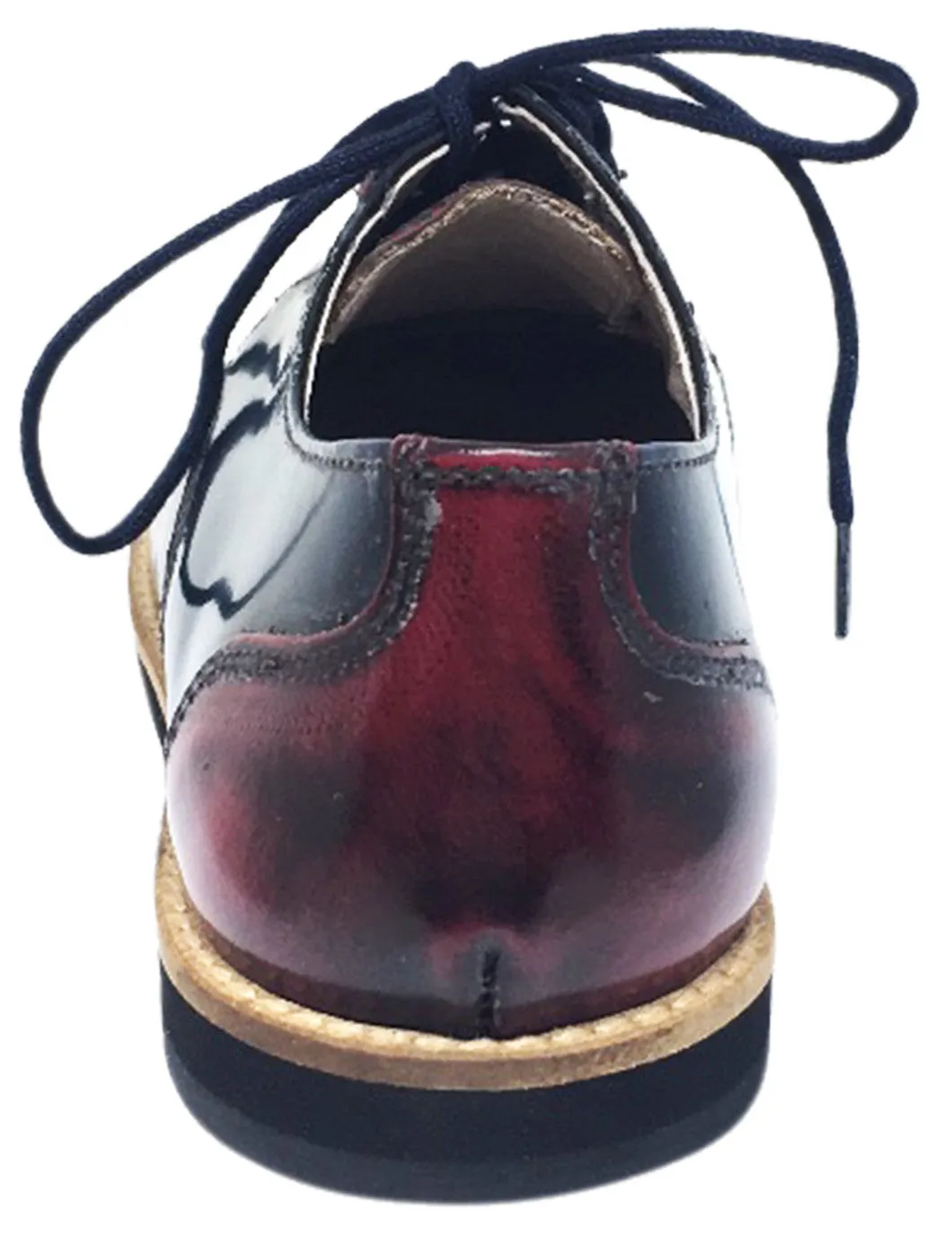 Hoo Shoes Boy's and Girl's Mark's Smooth Patent Leather Navy Burgundy Red Dual Color Lace Up Oxford Shoe