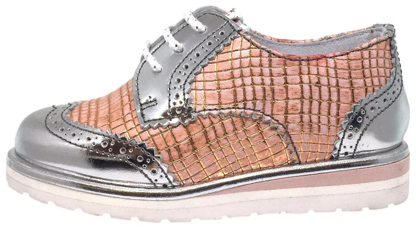 Hoo Shoes Girl's Chloe's Wing Tip Rose Gold Metallic Checkered Pattern Bright Lace Up Oxford Platform Shoes