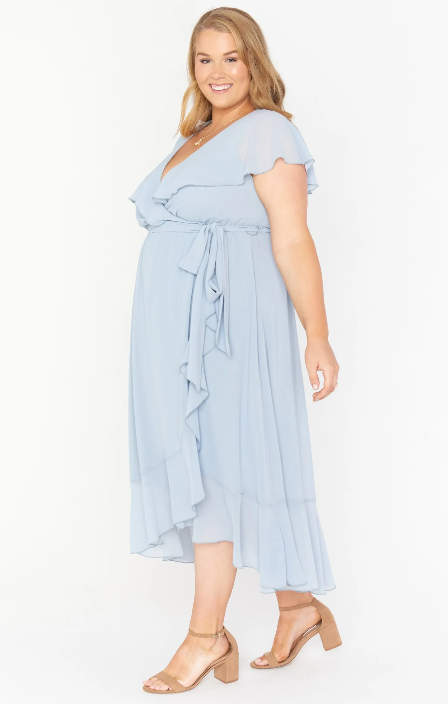 Jess Ruffle Midi Dress ~ Steel Blue Chiffon