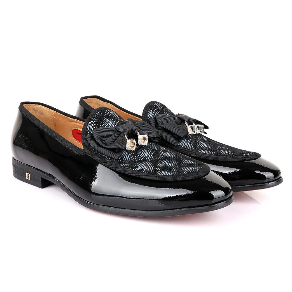 John Foster Glossy Black Bow Stone Designed Leather Shoe