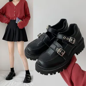 Joskaa Lolita Shoes Harajuku Buckle Mary Janes Shoes Women Cross-Tied Platform Shoes Patent Leather Girls Shoes Rivet Casual Shoes