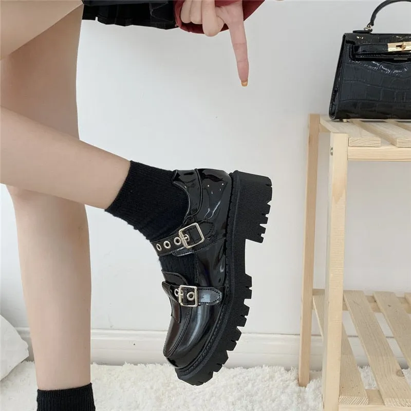 Joskaa Lolita Shoes Harajuku Buckle Mary Janes Shoes Women Cross-Tied Platform Shoes Patent Leather Girls Shoes Rivet Casual Shoes