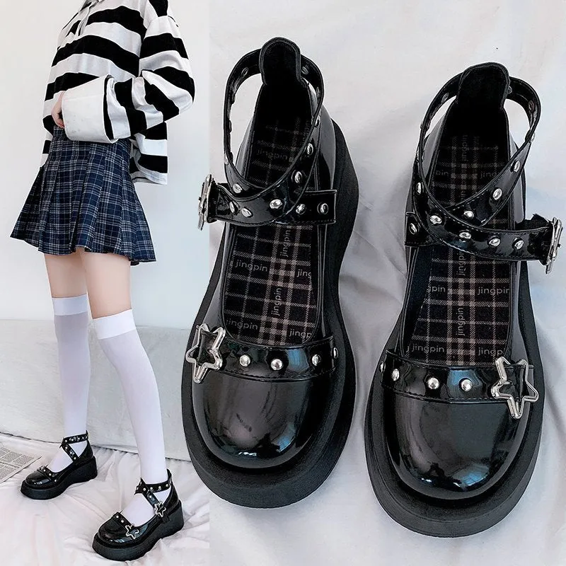 Joskaa Oraqwlj Mary Janes Shoes Lolita Shoes Star Buckle Women Cross-Tied Platform Shoes Rivet Casual Shoes Patent Leather Girls Shoes