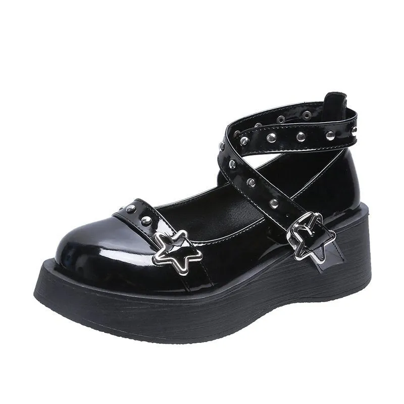 Joskaa Oraqwlj Mary Janes Shoes Lolita Shoes Star Buckle Women Cross-Tied Platform Shoes Rivet Casual Shoes Patent Leather Girls Shoes