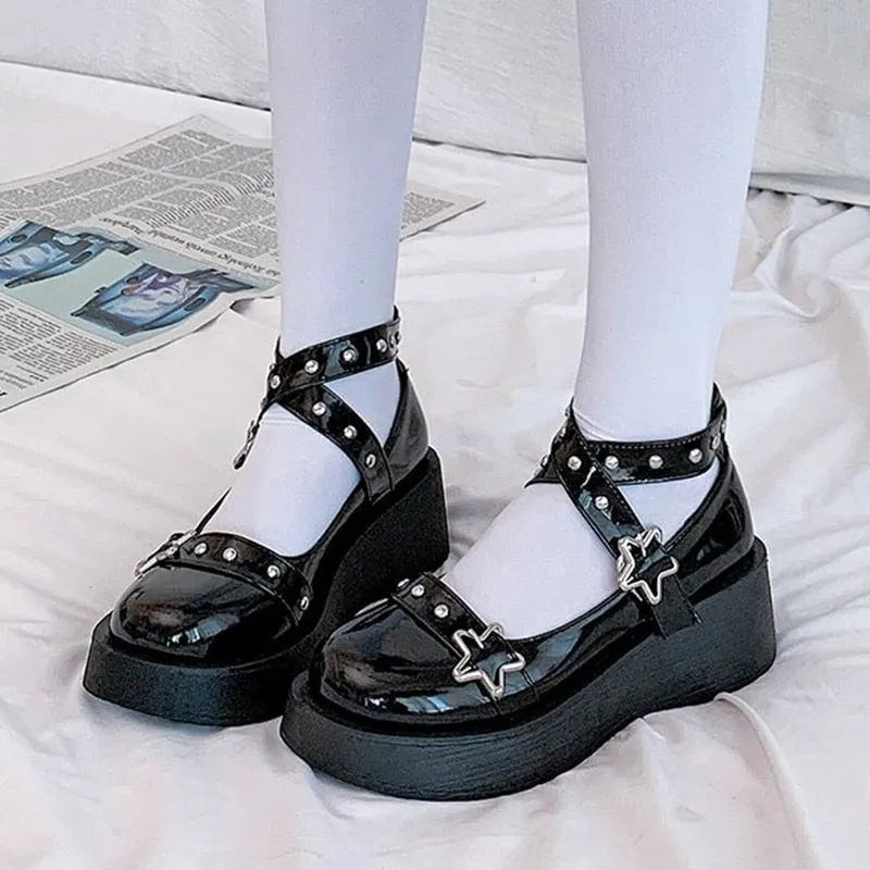 Joskaa Oraqwlj Mary Janes Shoes Lolita Shoes Star Buckle Women Cross-Tied Platform Shoes Rivet Casual Shoes Patent Leather Girls Shoes