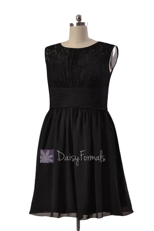 Knee Length Lace Party Dress Black Chiffon Formal Dress W/Illusion Neckline (PR1308)