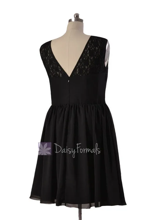 Knee Length Lace Party Dress Black Chiffon Formal Dress W/Illusion Neckline(BM2529)