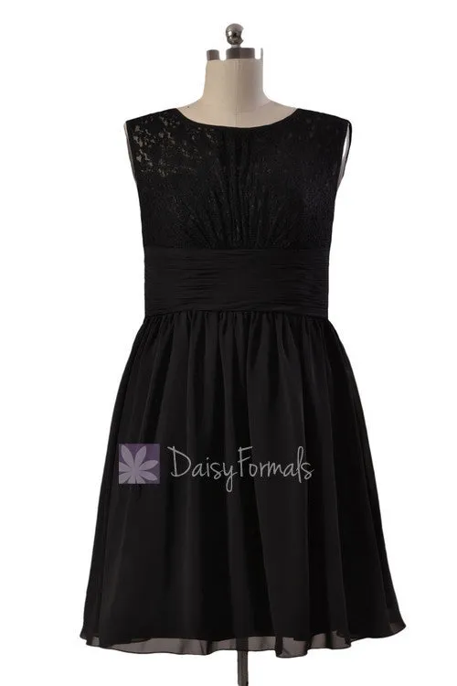 Knee Length Lace Party Dress Black Chiffon Formal Dress W/Illusion Neckline(BM2529)