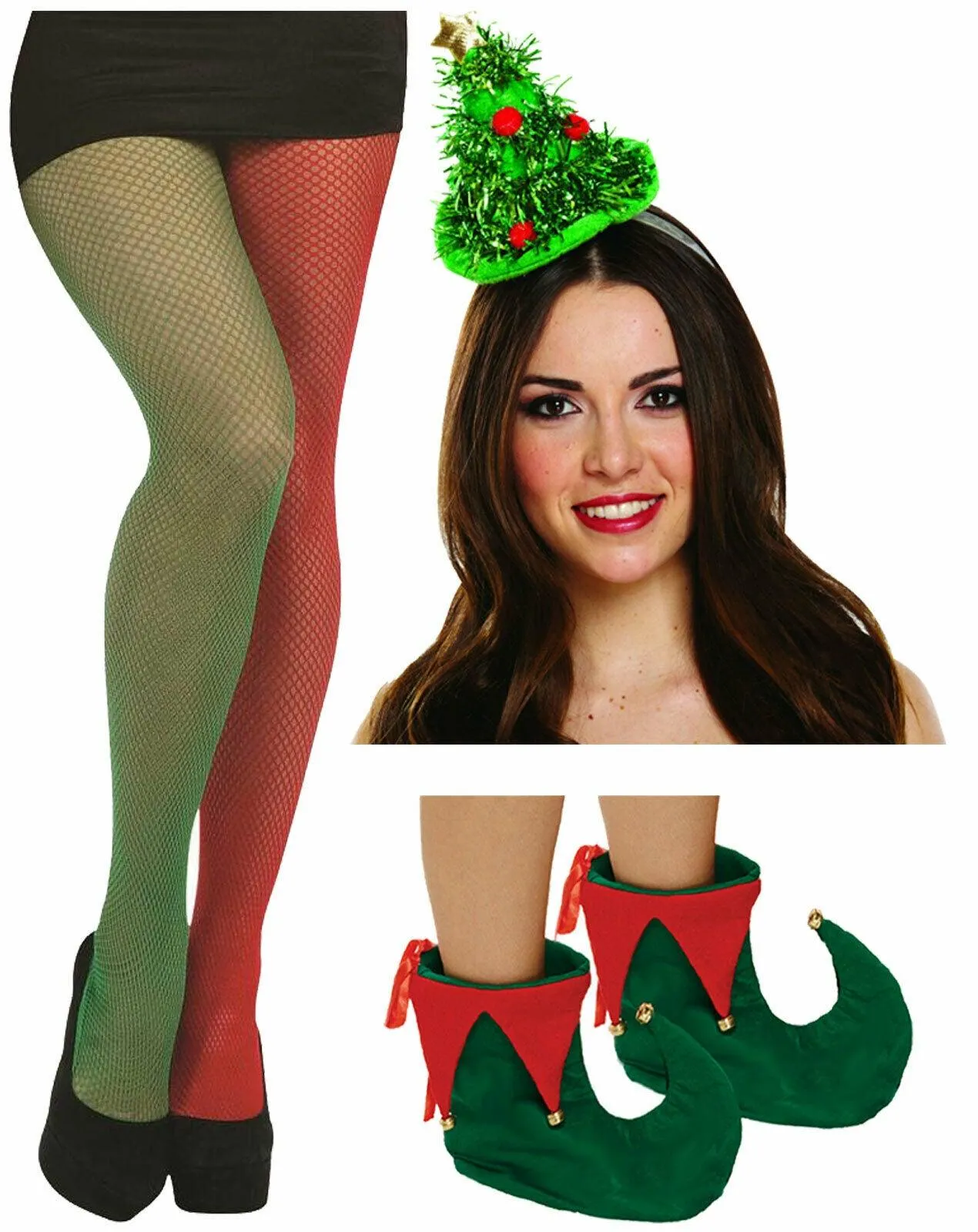 Ladies Fishnet Tights Elf Shoes Christmas Tree Hat Headband Xmas Fancy Dress