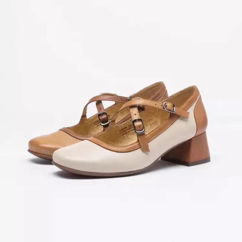 Leather Cross-strap Round Toe Mary Jane Shoes Block Heel Color Blocking in Beige/Brown