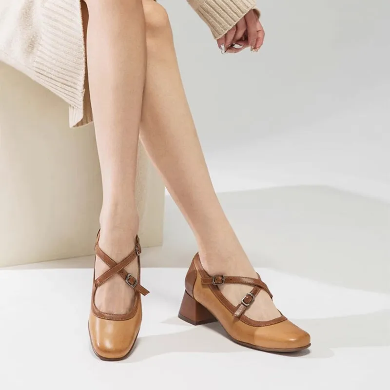 Leather Cross-strap Round Toe Mary Jane Shoes Block Heel Color Blocking in Beige/Brown